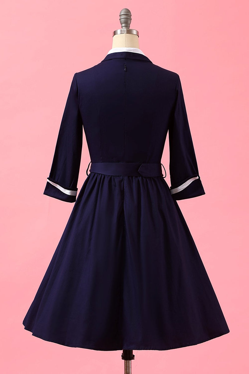 Cargar imagen en el visor de la galería, Vestido casual azul marino con cuello en V