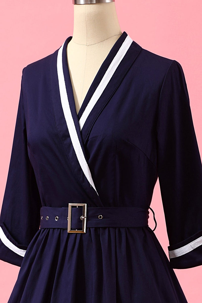 Cargar imagen en el visor de la galería, Vestido casual azul marino con cuello en V