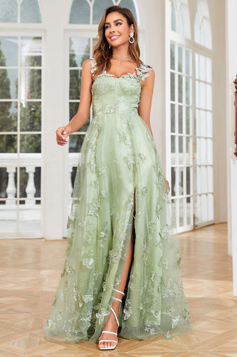 Una línea verde corsé largo Tul Prom Dress con 3D Butterflies Split Front
