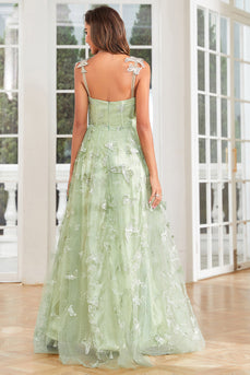 Una línea verde corsé largo Tul Prom Dress con 3D Butterflies Split Front