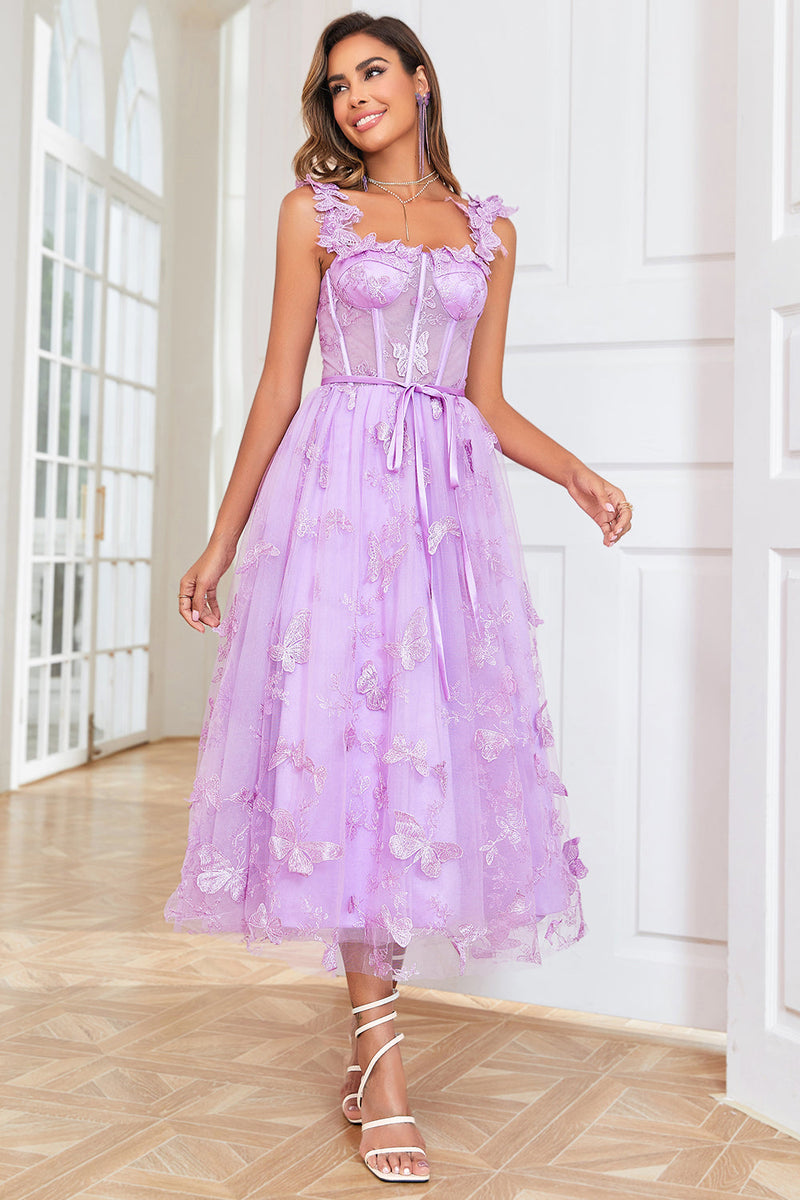 Cargar imagen en el visor de la galería, Unique A Line Purple Corset Prom Dress con apliques de mariposas