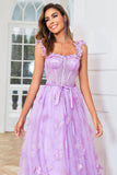 Unique A Line Purple Corset Prom Dress con apliques de mariposas