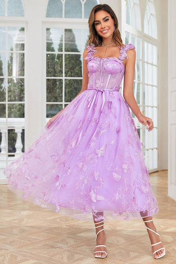 Unique A Line Purple Corset Prom Dress con apliques de mariposas