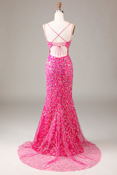 Vestido de fiesta de sirena con lentejuelas y cuentas de color rosa intenso con abertura