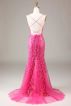 Vestido de fiesta de sirena con lentejuelas y cuentas de color rosa intenso con espalda descubierta
