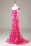 Vestido de fiesta de sirena con lentejuelas y cuentas de color rosa intenso con espalda descubierta