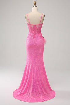 Correas de espagueti de sirena de moda Lentejuelas rosas Vestido largo de fiesta con apliques