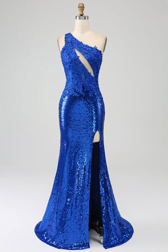 Vestido de fiesta de sirena azul real de un hombro con abertura
