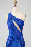 Vestido de fiesta de sirena azul real de un hombro con abertura