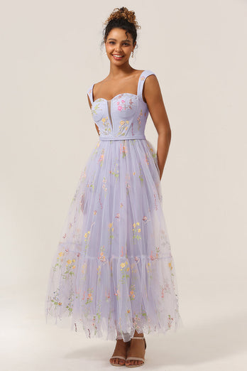 Princess A Line Sweetheart Light Purple Long Prom Dress con bordado