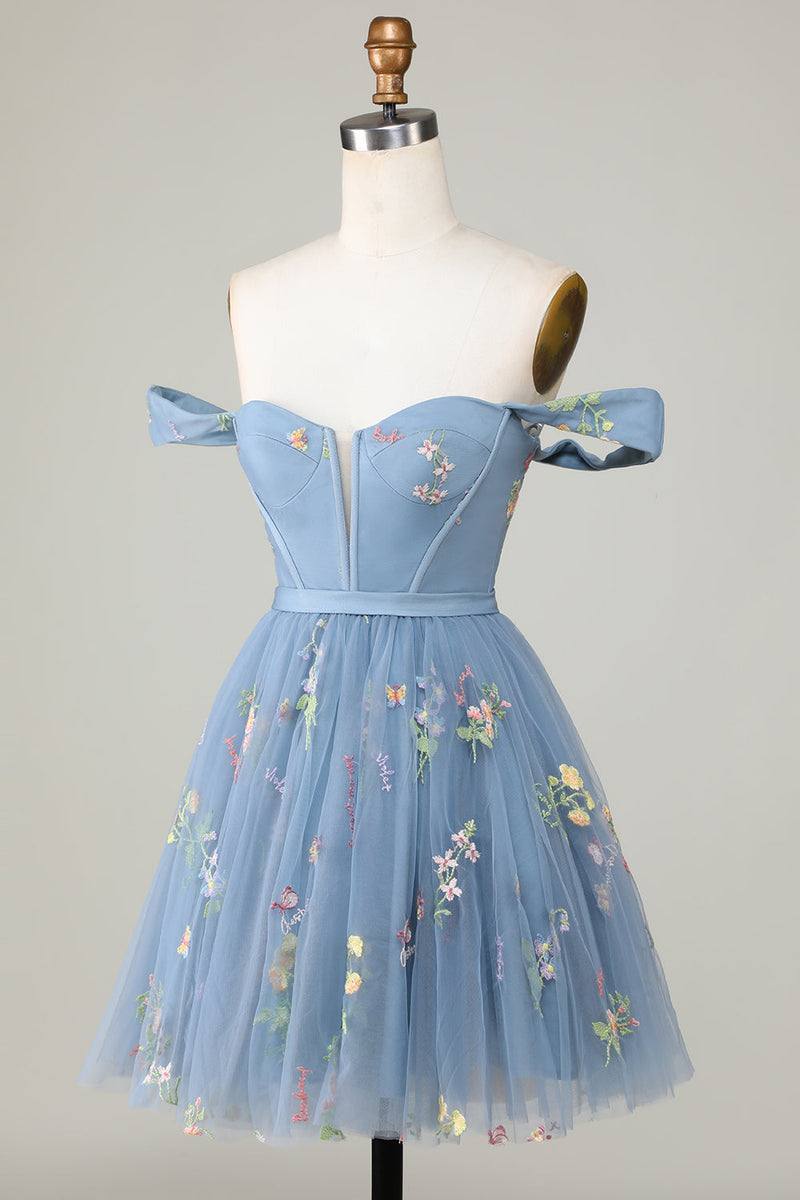 Cargar imagen en el visor de la galería, Lindo A Line Sweetheart Grey Blue Short Homecoming Dress con bordado