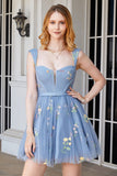 Lindo A Line Sweetheart Grey Blue Short Homecoming Dress con bordado