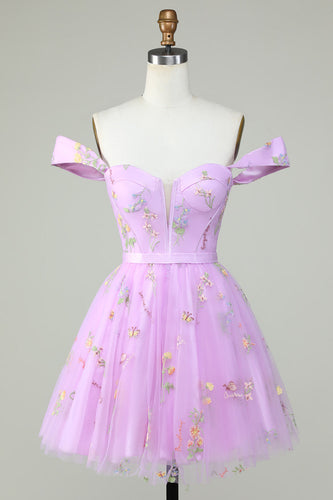 Lindo A Line Sweetheart Purple Short Homecoming Dress con bordado
