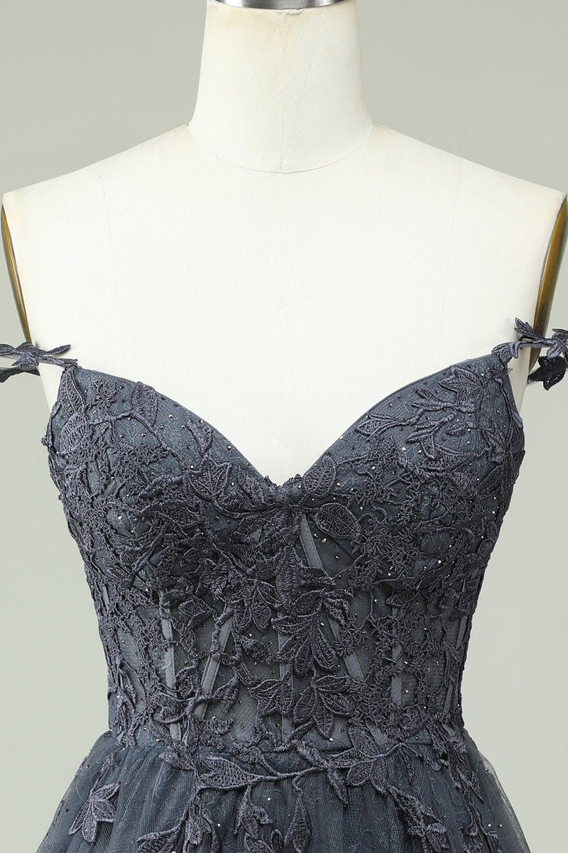 Cargar imagen en el visor de la galería, Lindo A Line Spaghetti Straps Grey Short Homecoming Dress con apliques