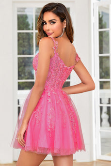 Elegante línea A Straps Spaghetti Straps Pink Short Homecoming Dress con apliques