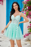 Único A Line Spaghetti Straps Mint Short Homecoming Dress con apliques