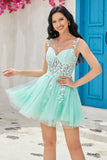 Único A Line Spaghetti Straps Mint Short Homecoming Dress con apliques