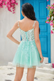 Único A Line Spaghetti Straps Mint Short Homecoming Dress con apliques