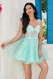 Único A Line Spaghetti Straps Mint Short Homecoming Dress con apliques