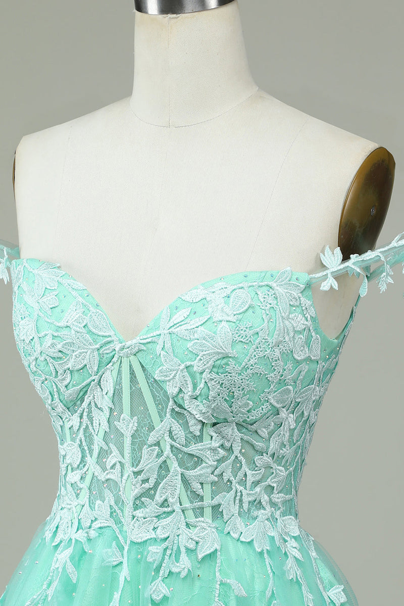 Cargar imagen en el visor de la galería, Lindo A Line Spaghetti Straps Mint Short Homecoming Dress con apliques