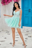 Único A Line Spaghetti Straps Mint Short Homecoming Dress con apliques