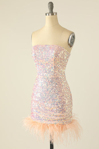 Vestido de lentejuelas azul cielo con plumas