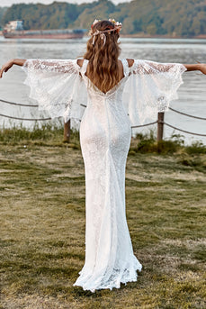 Encaje Marfil Sirena Mangas Chal Boho Vestido de Novia