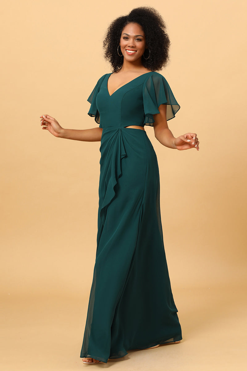 Cargar imagen en el visor de la galería, Vestido de dama de honor gasa largo verde oscuro cuello en V