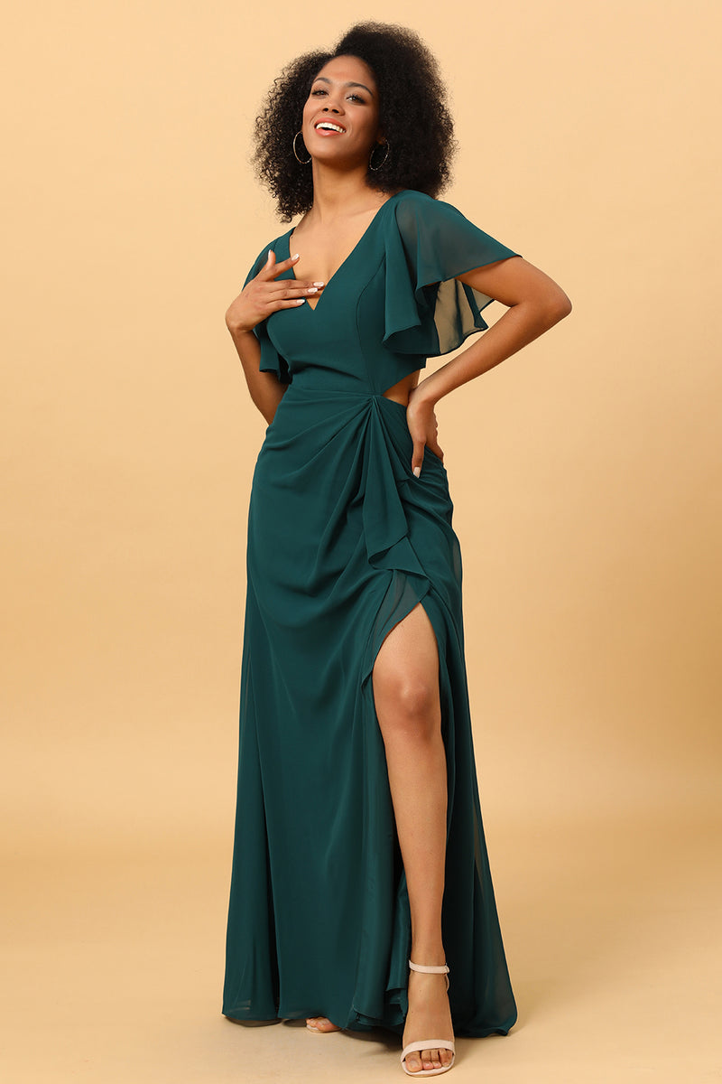 Cargar imagen en el visor de la galería, Vestido de dama de honor gasa largo verde oscuro cuello en V