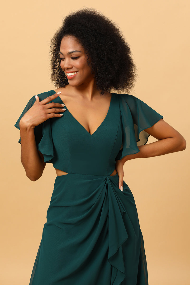Cargar imagen en el visor de la galería, Vestido de dama de honor gasa largo verde oscuro cuello en V