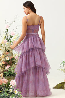 Púrpura Tul Tirantes de Espagueti Vestido de Dama de Honor