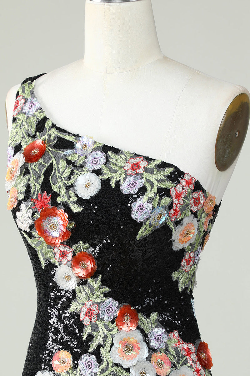 Cargar imagen en el visor de la galería, One Shoulder Black Sequin Beading Homecoming Dress