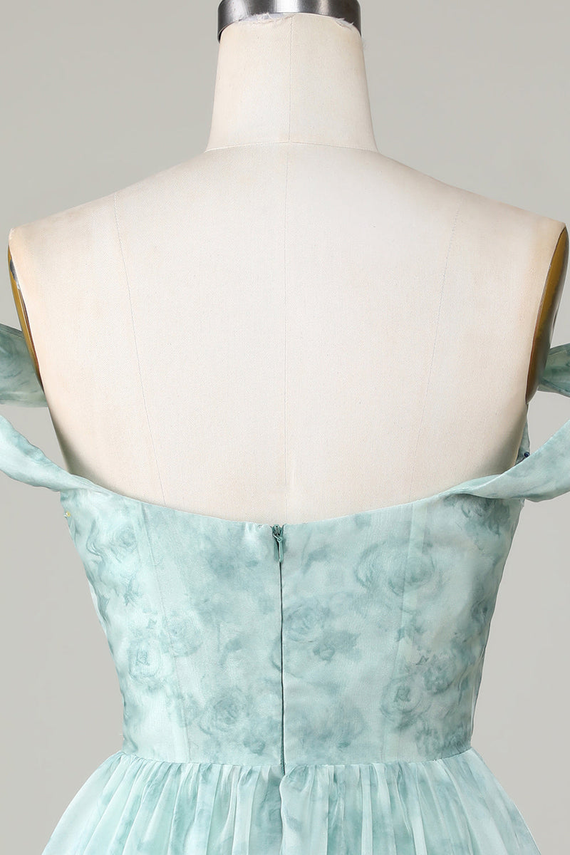 Cargar imagen en el visor de la galería, Elegante Una línea fuera del hombro Salvia Vestido corto de bienvenida impreso
