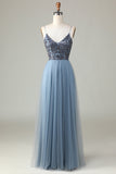 Chic Romántico A Line Spaghetti Straps Dusty Blue Long Bridesmaid Dress con abalorios