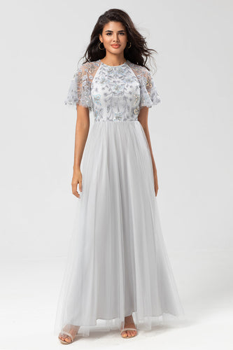Classic Elegance A-Line Jewel Neck Grey Long Bridesmaid Dress con mangas cortas