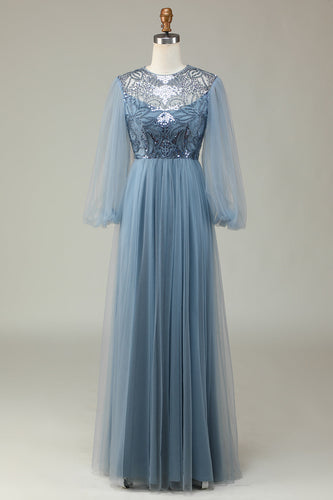 Una línea gris azul lentejuelas mangas largas vestido de dama de honor