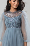 Chic Romántico Una línea Jewel Neck Grey Blue Long Bridesmaid Dress con mangas largas