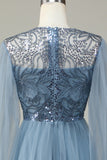 Una línea gris azul lentejuelas mangas largas vestido de dama de honor