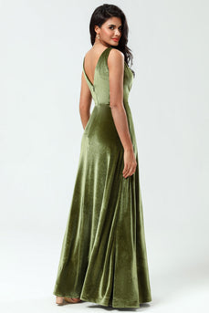 V-Neck Sleeveless A Line Olive Velvet Bridesmaid Dress con abertura
