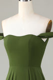 A-Line Off The Shoulder Olive Vestido de dama de honor con hendidura