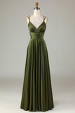 Grand Beauty A Line Spaghetti Straps Vestido de dama de honor largo verde oliva con volantes