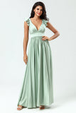 Deep V-Neck A Line Green Vestido de dama de honor largo con volantes