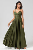 Grand Beauty A Line Spaghetti Straps Vestido de dama de honor largo verde oliva con volantes