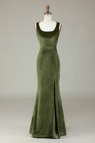 Vestido de dama de honor de terciopelo sirena oliva con hendidura
