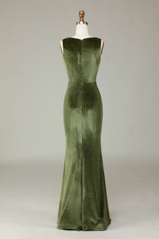 Vestido de dama de honor de terciopelo sirena oliva con hendidura