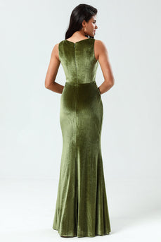 Encantador romántico sirena de cuello cuadrado oliva vestido de dama de honor largo con hendidura
