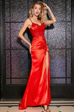 Impresionante vestido de fiesta de corsé rojo con correas de espagueti de sirena con abertura de abalorios
