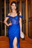 Vestido de fiesta de corsé azul real de sirena de moda con hombros descubiertos con apliques
