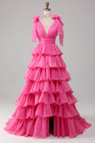 Vestido de fiesta fucsia fucsia con escote en V de línea A de princesa con abertura