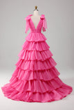 Vestido de fiesta fucsia fucsia con escote en V de línea A de princesa con abertura